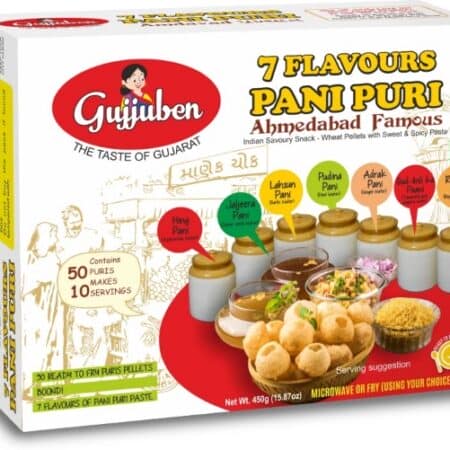 Gujjuben 7 Flavor Pani Puri Kit (50 puri pellet) ready to fry – przekąska indyjska z chrupkami puri i chutney 450 g