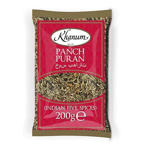 Khanum Panch Pruran mieszanka pięciu przypraw (kolendry, kminku, kopru włoskiego, czarnego pieprzu i cynamonu) 200 g