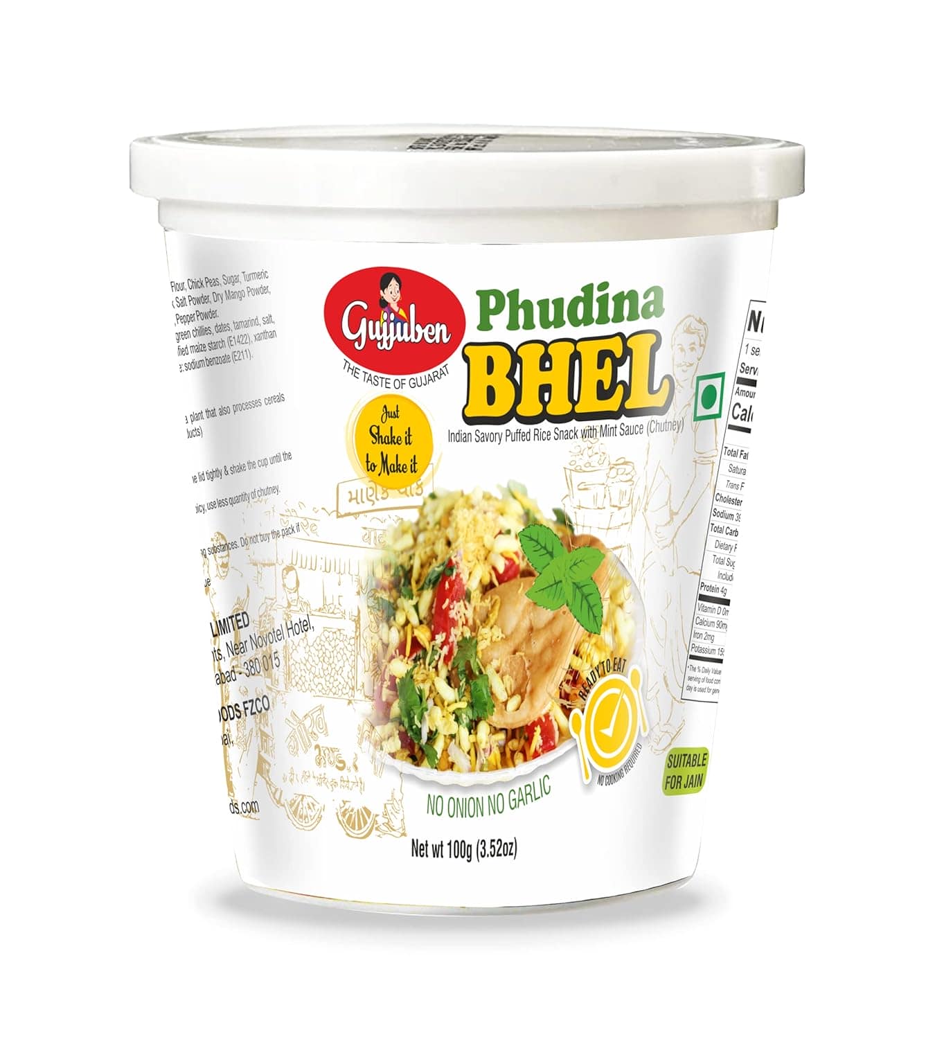 Gujjuben Pudina Bhel Puri Cup – przekąska indyjska dmuchany ryz z sosem miętowym 100 g